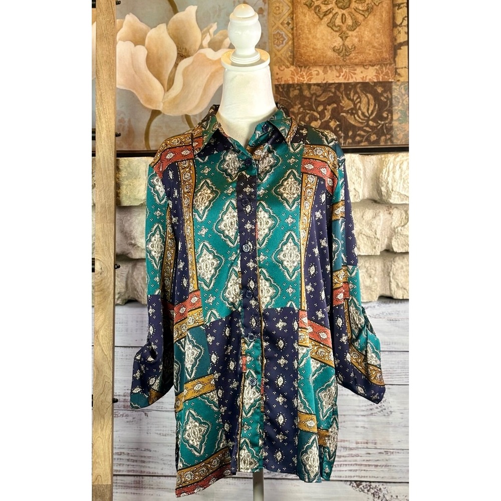 Drapers & Damons Navy Teal Paisley Patchwork Roll Tab Sleeve Tunic Blouse Medium